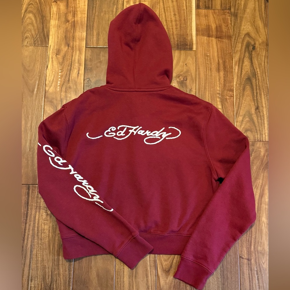 Ed Hardy Women's Cropped Retro Koi Fish hoodie in Burgundy/Maroon/Wine size L - Picture 10 of 11